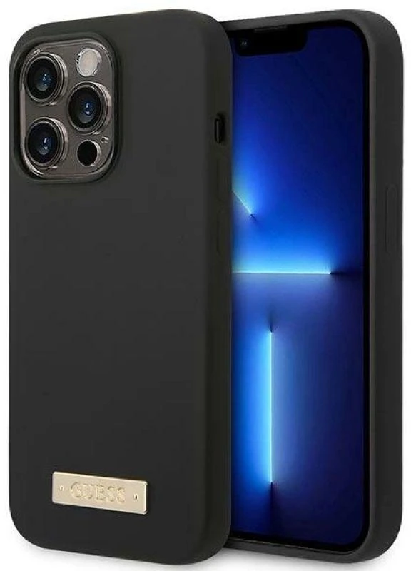 Guess GUHMP14XSBPLK Apple iPhone 14 Pro Max 6,7″ juodos spalvos kietas dėklas Silicone Logo Plate MagSafe