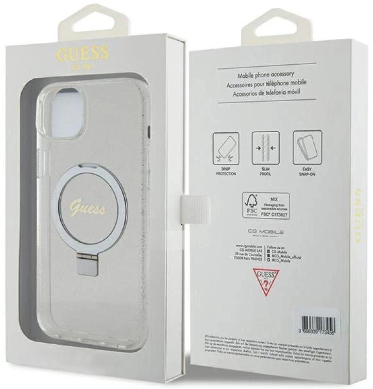 Dėklas GUESS GUHMP15MHRSGSD IPHONE 15 PLUS / 14 PLUS 6.7 "TRANSPARENT / TRANSPARENT HARDCASE RING STAND SCRIPT GLITTER MAGSAFE