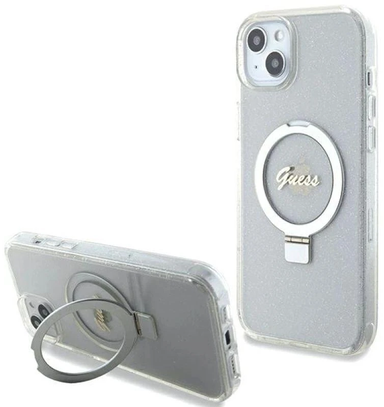Dėklas GUESS GUHMP15MHRSGSD IPHONE 15 PLUS / 14 PLUS 6.7 "TRANSPARENT / TRANSPARENT HARDCASE RING STAND SCRIPT GLITTER MAGSAFE