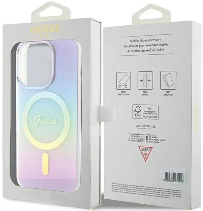 Guess GUHMP15XHITSU Apple iPhone 15 Pro Max 6.7″ violetinės spalvos kietas dėklas IML Iridescent MagSafe