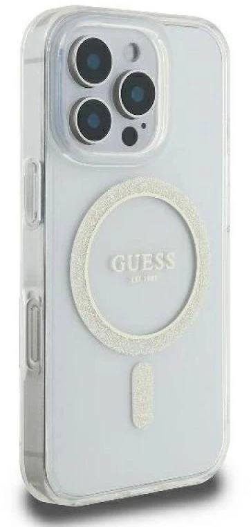 Guess GUHMP16LHFGERET Apple iPhone 16 Pro 6.3″ skaidrus kietas dėklas IML Glitter Circle MagSaf