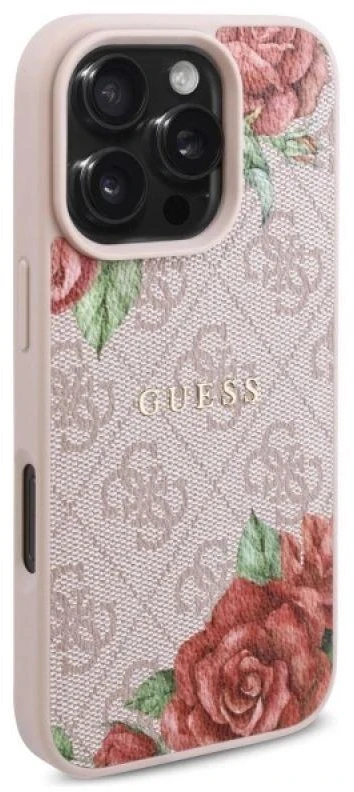 Guess GUHMP16LP4ROPEMCP Apple iPhone 16 Pro 6.3″ rožinės spalvos kietas dėklas 4G Flowers Print MagSafe
