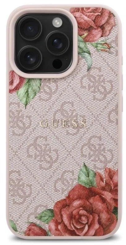 Guess GUHMP16LP4ROPEMCP Apple iPhone 16 Pro 6.3″ rožinės spalvos kietas dėklas 4G Flowers Print MagSafe