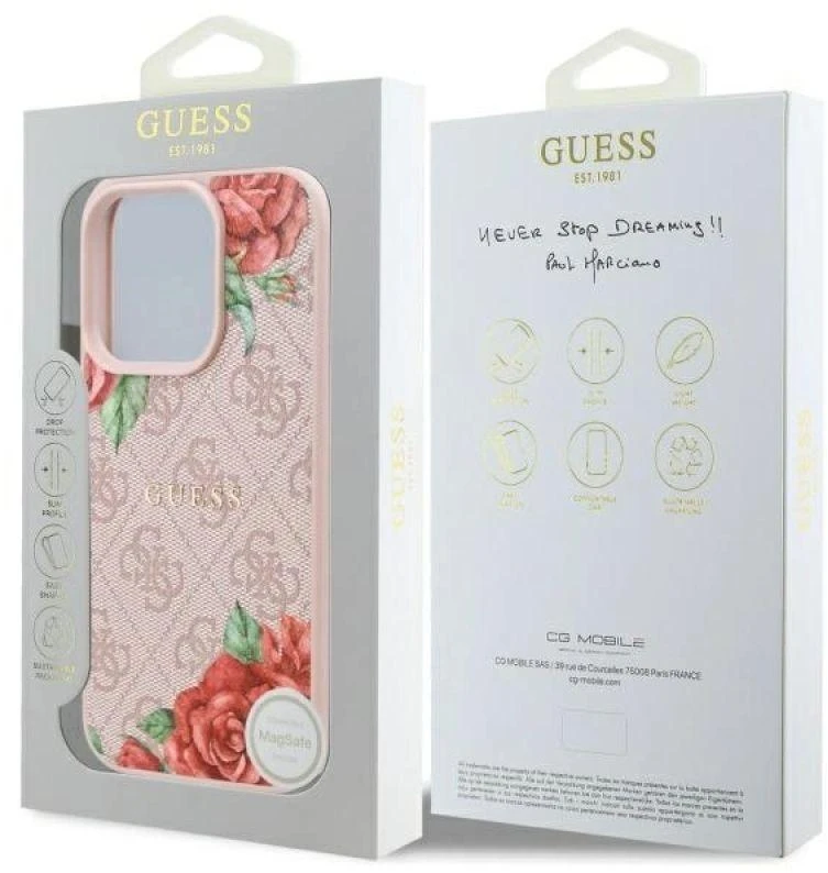Guess GUHMP16LP4ROPEMCP Apple iPhone 16 Pro 6.3″ rožinės spalvos kietas dėklas 4G Flowers Print MagSafe