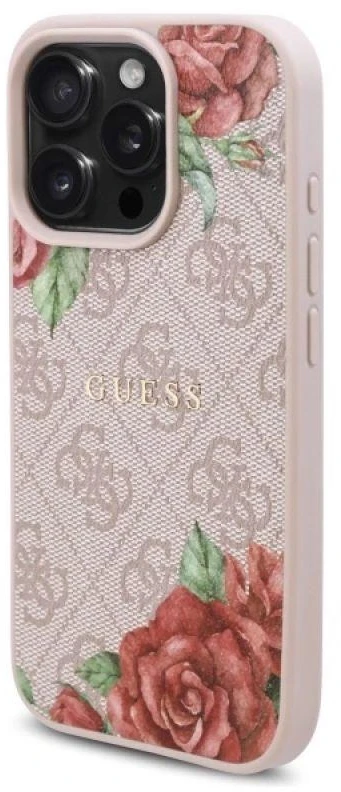 Guess GUHMP16LP4ROPEMCP Apple iPhone 16 Pro 6.3″ rožinės spalvos kietas dėklas 4G Flowers Print MagSafe