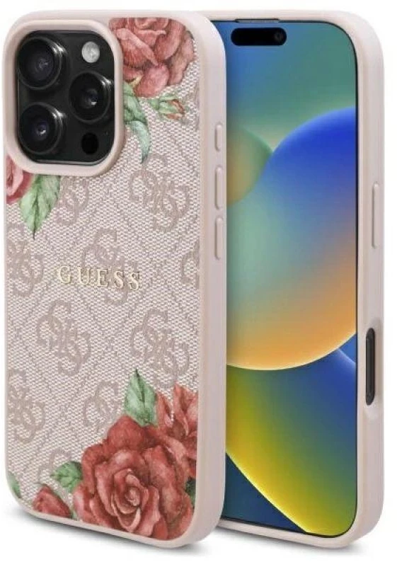 Guess GUHMP16LP4ROPEMCP Apple iPhone 16 Pro 6.3″ rožinės spalvos kietas dėklas 4G Flowers Print MagSafe