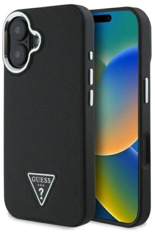 Guess GUHMP16MPGTSPSK Apple iPhone 16 Plus 6.7″ juodos spalvos kietas dėklas Grained Triangle MagSafe