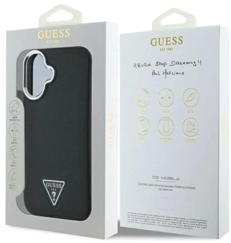 Guess GUHMP16MPGTSPSK Apple iPhone 16 Plus 6.7″ juodos spalvos kietas dėklas Grained Triangle MagSafe