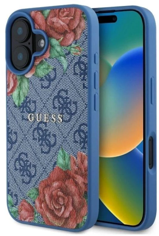 Guess GUHMP16SP4ROPEMCB Apple iPhone 16 6.1″ mėlynas kietas dėklas 4G Flowers Print MagSafe