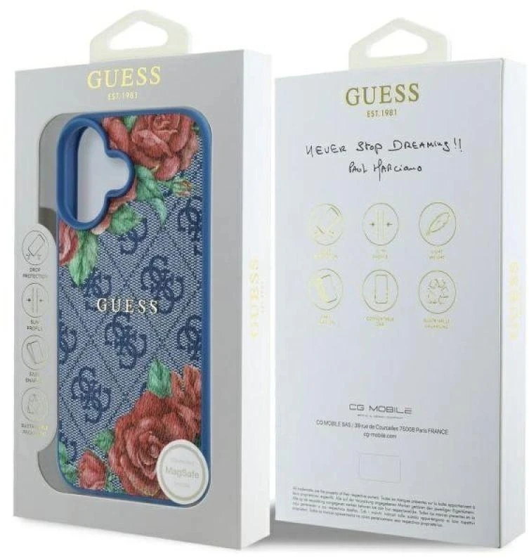 Guess GUHMP16SP4ROPEMCB Apple iPhone 16 6.1″ mėlynas kietas dėklas 4G Flowers Print MagSafe