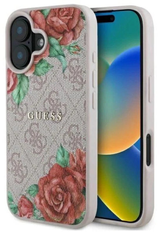 Guess GUHMP16SP4ROPEMCP Apple iPhone 16 6.1″ rožinės spalvos kietas dėklas 4G Flowers Print MagSafe