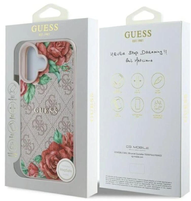 Guess GUHMP16SP4ROPEMCP Apple iPhone 16 6.1″ rožinės spalvos kietas dėklas 4G Flowers Print MagSafe