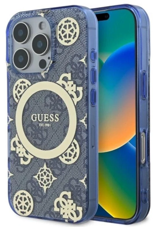 Guess GUHMP16XH4PYEEB Apple iPhone 16 Pro Max 6.9″ mėlynas kietas dėklas IML Peony On 4G Background Magsafe