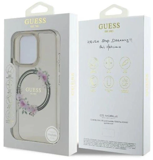 Guess GUHMP16XHFWFCK Apple iPhone 16 Pro Max 6.9″ juodos spalvos kietas dėklas IML Flowers Wreath MagSafe