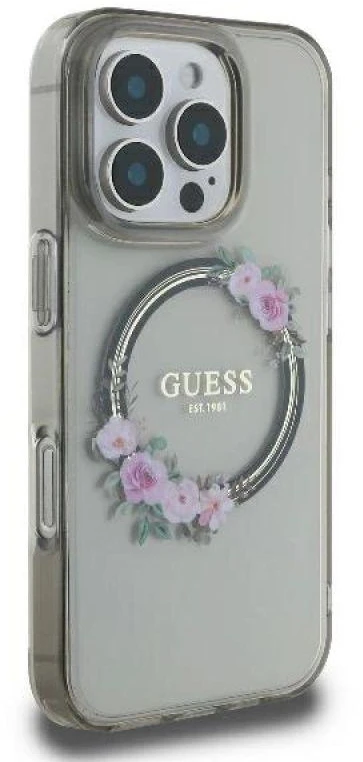 Guess GUHMP16XHFWFCK Apple iPhone 16 Pro Max 6.9″ juodos spalvos kietas dėklas IML Flowers Wreath MagSafe