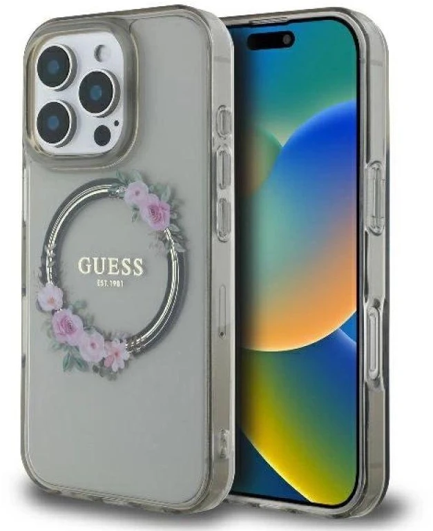 Guess GUHMP16XHFWFCK Apple iPhone 16 Pro Max 6.9″ juodos spalvos kietas dėklas IML Flowers Wreath MagSafe