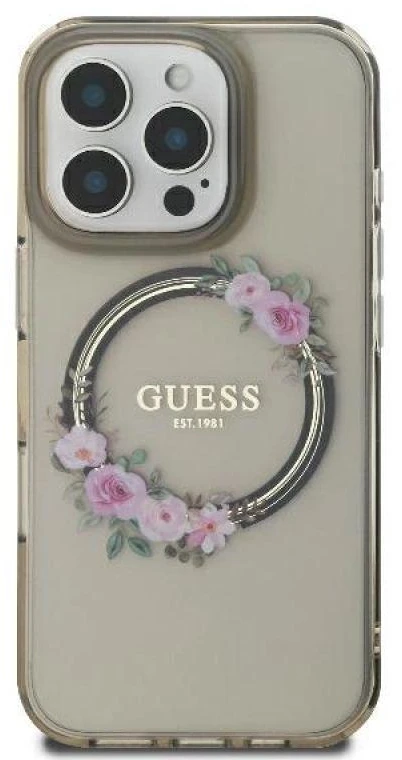 Guess GUHMP16XHFWFCK Apple iPhone 16 Pro Max 6.9″ juodos spalvos kietas dėklas IML Flowers Wreath MagSafe