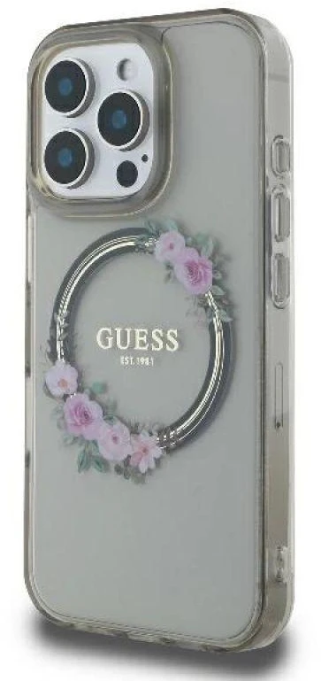 Guess GUHMP16XHFWFCK Apple iPhone 16 Pro Max 6.9″ juodos spalvos kietas dėklas IML Flowers Wreath MagSafe