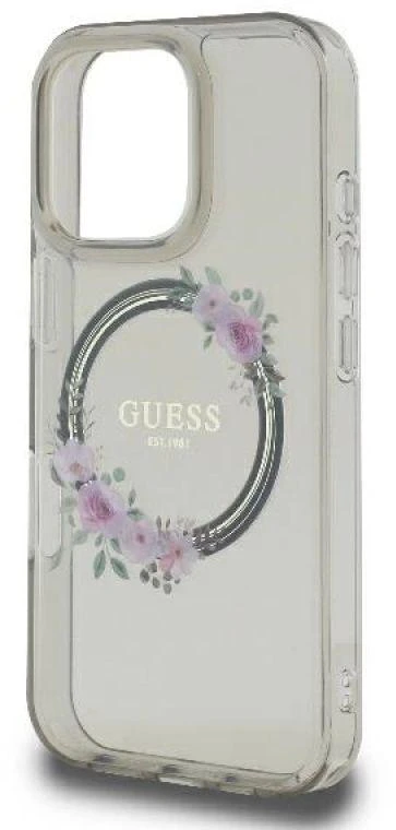 Guess GUHMP16XHFWFCK Apple iPhone 16 Pro Max 6.9″ juodos spalvos kietas dėklas IML Flowers Wreath MagSafe