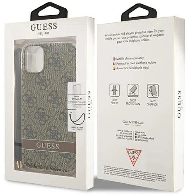 „Guess“ GUOHCN61H4STW „Apple iPhone 11“ rudas kietas dėklas 4G su spauda ir dirželiu.