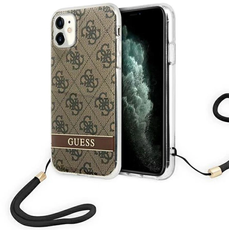 „Guess“ GUOHCN61H4STW „Apple iPhone 11“ rudas kietas dėklas 4G su spauda ir dirželiu.