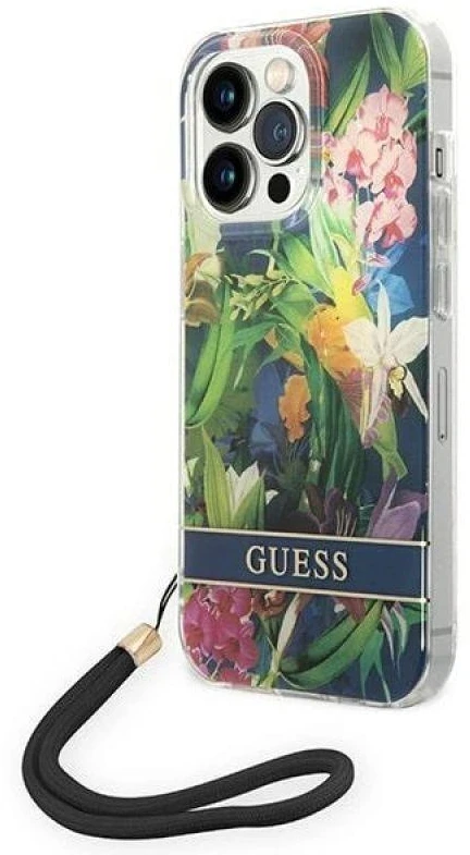 Dėklas GUESS kietas gėlių dirželis GUOHCP14LHFLSB galinis dangtelis, Apple, iPhone 14 Pro, Mėlyna, 6,1 "