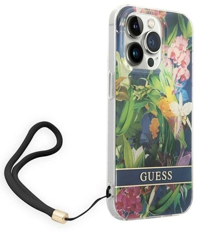 Dėklas GUESS kietas gėlių dirželis GUOHCP14LHFLSB galinis dangtelis, Apple, iPhone 14 Pro, Mėlyna, 6,1 "