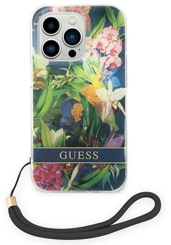 Dėklas GUESS kietas gėlių dirželis GUOHCP14LHFLSB galinis dangtelis, Apple, iPhone 14 Pro, Mėlyna, 6,1 "