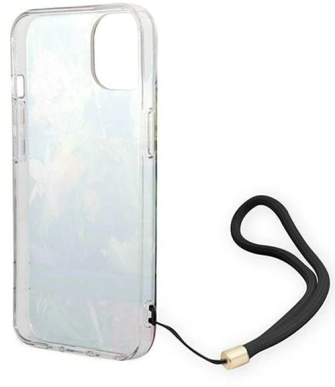 Guess GUOHCP14SHFLSB Apple iPhone 14 / 15 / 13 6.1" mėlynas kietas dėklas su gėlių formos dirželiu
