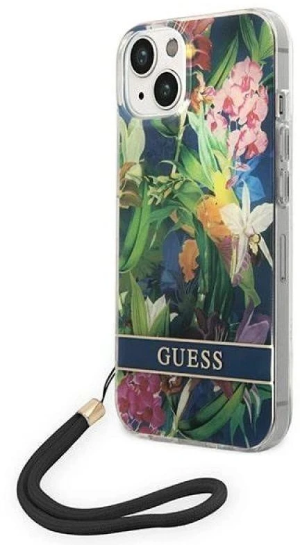 Guess GUOHCP14SHFLSB Apple iPhone 14 / 15 / 13 6.1" mėlynas kietas dėklas su gėlių formos dirželiu