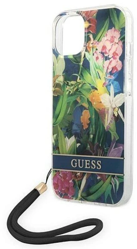 Guess GUOHCP14SHFLSB Apple iPhone 14 / 15 / 13 6.1" mėlynas kietas dėklas su gėlių formos dirželiu
