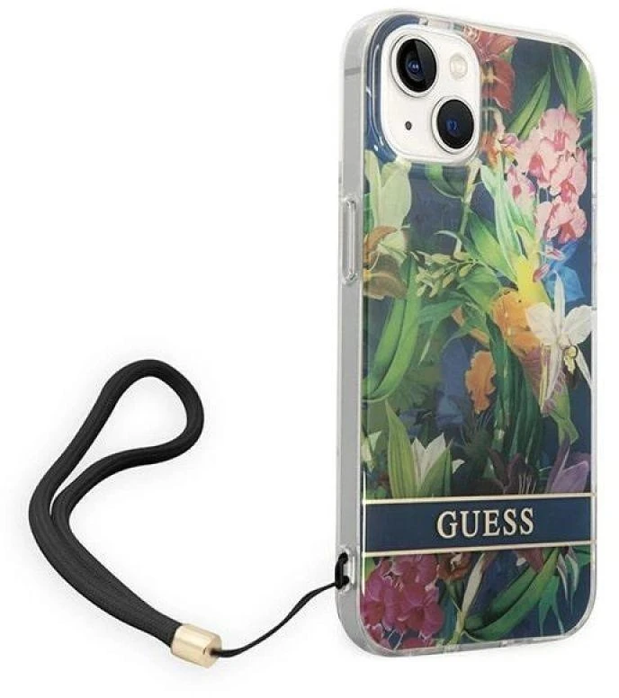 Guess GUOHCP14SHFLSB Apple iPhone 14 / 15 / 13 6.1" mėlynas kietas dėklas su gėlių formos dirželiu