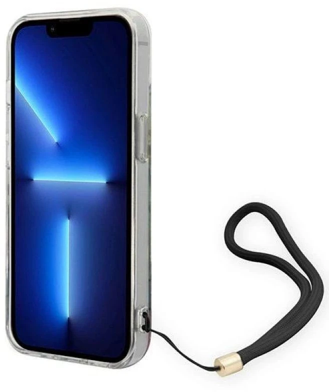Guess GUOHCP14SHFLSB Apple iPhone 14 / 15 / 13 6.1" mėlynas kietas dėklas su gėlių formos dirželiu