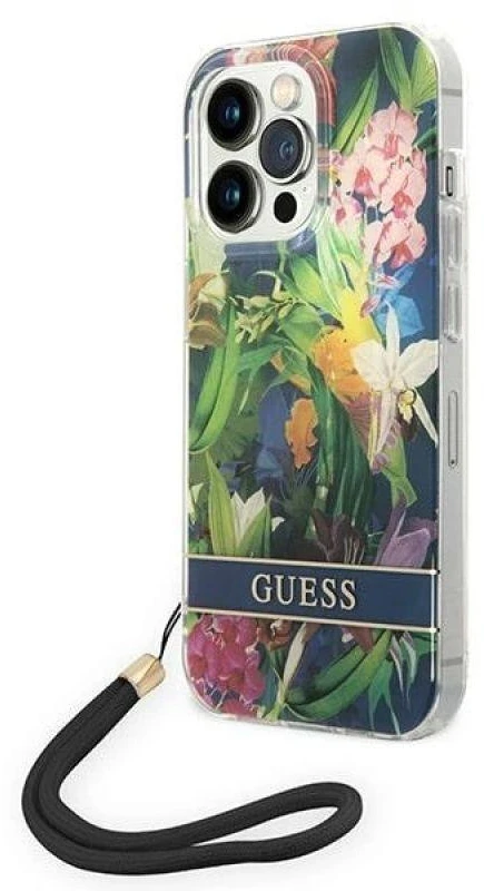 Guess GUOHCP14XHFLSB Apple iPhone 14 Pro Max 6,7" mėlynas kietas dėklas su gėlių raštu