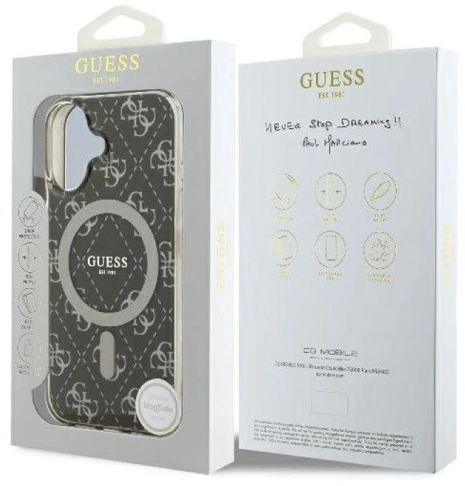 Guess GUHMP16SH4DTEW Apple iPhone 16 6.1″rudos spalvos kietas dėklas IML 4G Background MagSafe