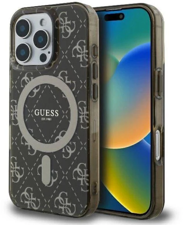 Guess GUHMP16LH4DTEW iPhone 16 Pro 6.3″ rudos spalvos kietas dėklas IML 4G Background MagSafe