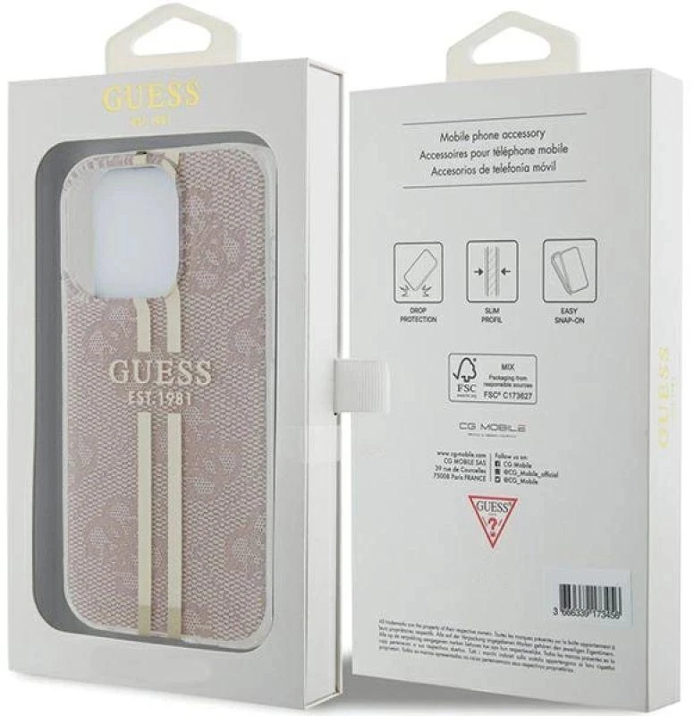 Guess GUHCP14XH4PSEGP Apple iPhone 14 Pro Max 6.7″ rožinės spalvos kietas dėklas IML 4G Gold Stripe