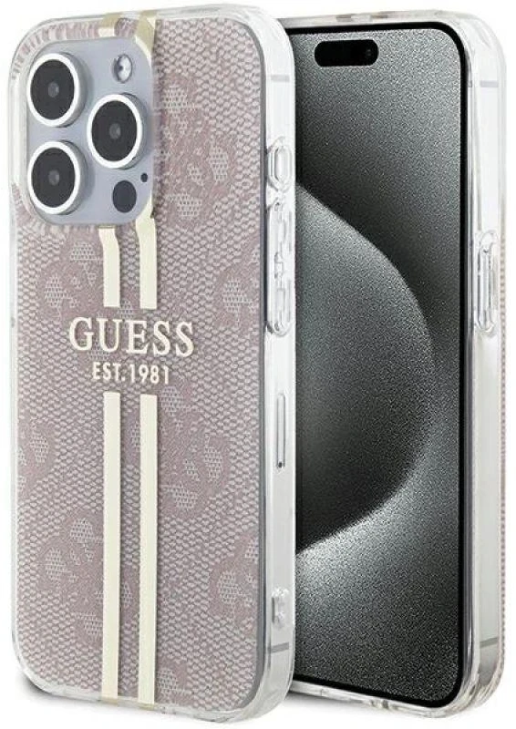 Guess GUHCP14XH4PSEGP Apple iPhone 14 Pro Max 6.7″ rožinės spalvos kietas dėklas IML 4G Gold Stripe