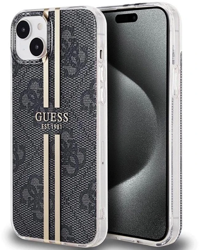 Guess GUHCP15MH4PSEGK Apple iPhone 15 Plus / 14 Plus 6.7″ juodos spalvos kietas dėklas IML 4G Gold Stripe