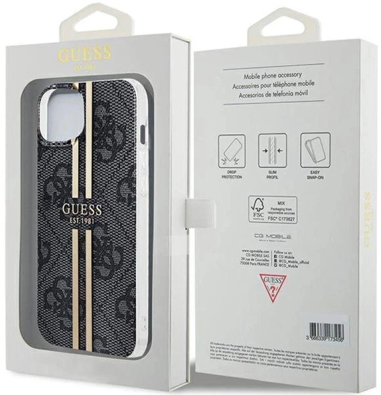 Guess GUHCP15MH4PSEGK Apple iPhone 15 Plus / 14 Plus 6.7″ juodos spalvos kietas dėklas IML 4G Gold Stripe