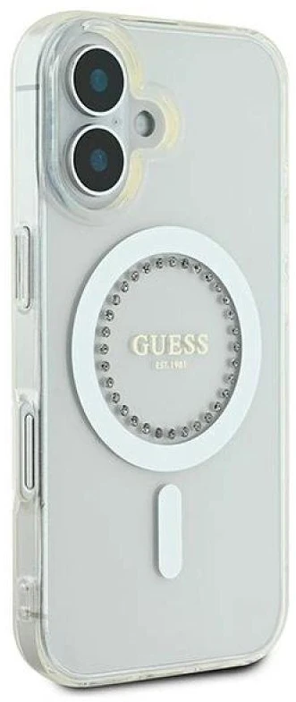 Guess GUHMP16SPFTDTEH Apple iPhone 16 6.1″ baltos spalvos kietas dėklas IML Rhinestones MagSafe