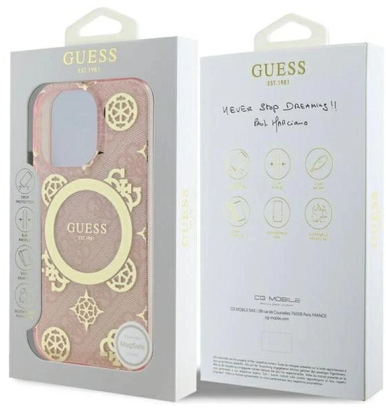 Guess GUHMP16LH4PYEEP Apple iPhone 16 Pro 6.3″ rožinės spalvos kietas dėklas IML Peony On 4G Background MagSafe