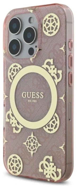 Guess GUHMP16LH4PYEEP Apple iPhone 16 Pro 6.3″ rožinės spalvos kietas dėklas IML Peony On 4G Background MagSafe