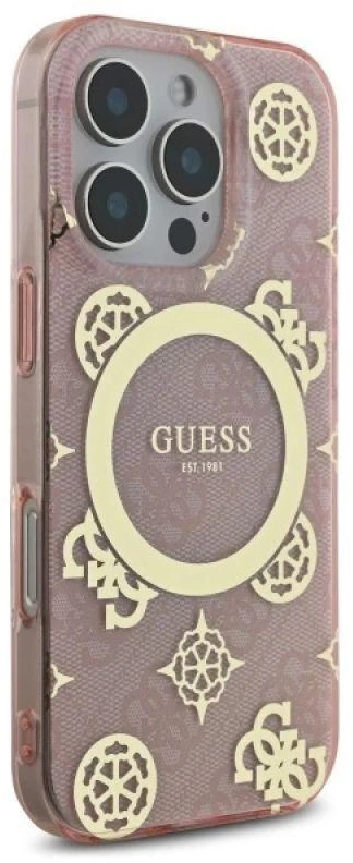 Guess GUHMP16LH4PYEEP Apple iPhone 16 Pro 6.3″ rožinės spalvos kietas dėklas IML Peony On 4G Background MagSafe