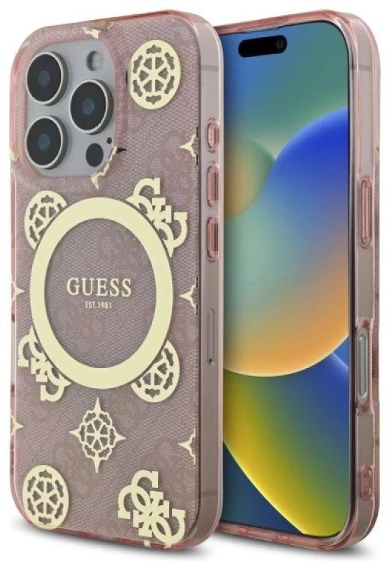 Guess GUHMP16LH4PYEEP Apple iPhone 16 Pro 6.3″ rožinės spalvos kietas dėklas IML Peony On 4G Background MagSafe