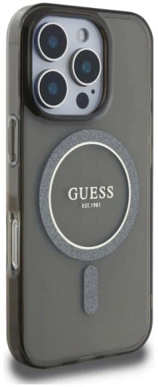 Guess IML Glitter Ring MagSafe Apple iPhone 16 Pro Max dėklas telefonui juodos spalvos