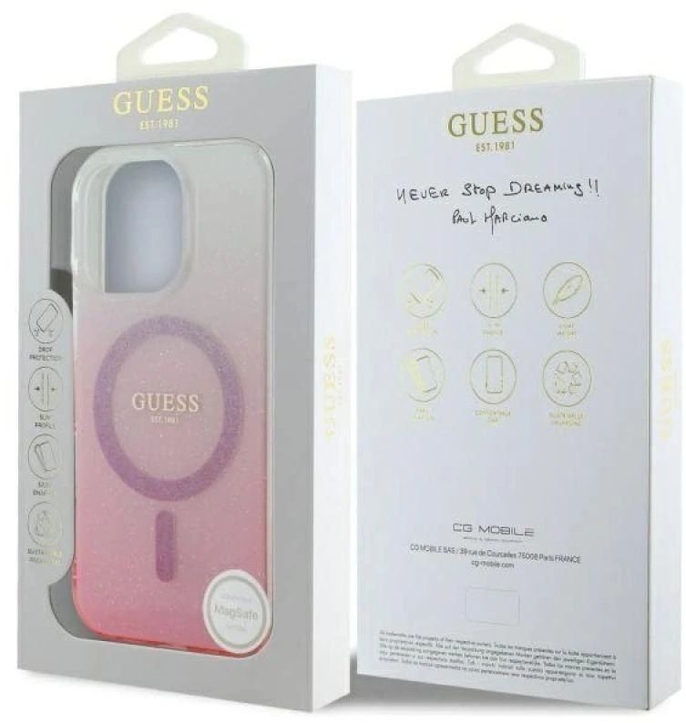 Guess GUHMP16LHGRCELP Apple iPhone 16 Pro 6.3″ rožinės spalvos kietas dėklas IML Glitter Gradient MagSafe