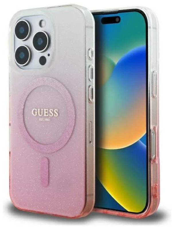 Guess GUHMP16LHGRCELP Apple iPhone 16 Pro 6.3″ rožinės spalvos kietas dėklas IML Glitter Gradient MagSafe