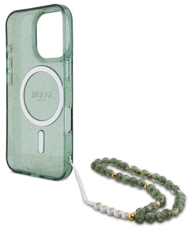 Guess IML Glitter With Pearl Strap MagSafe - dėklas skirtas Apple iPhone 16 Pro Max Žalias