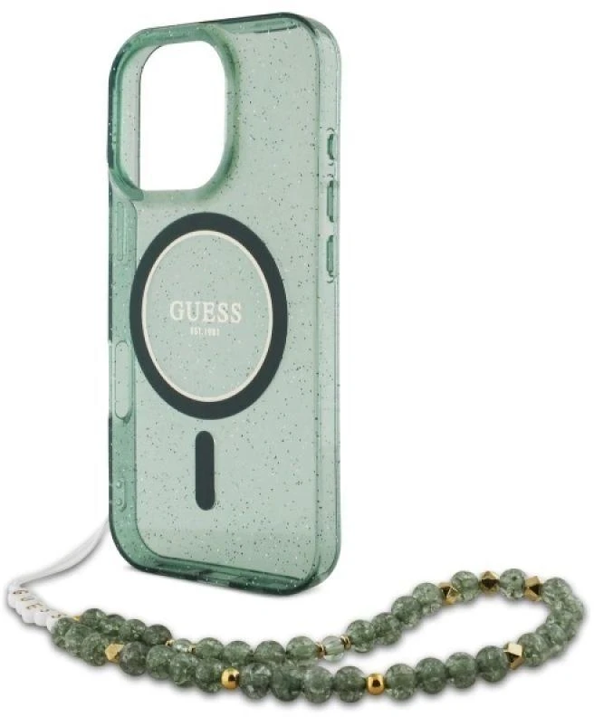 Guess IML Glitter With Pearl Strap MagSafe - dėklas skirtas Apple iPhone 16 Pro Max Žalias
